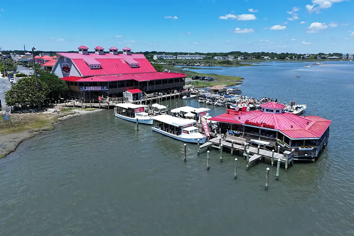 Aerial view of Hooper's Crab House on the water