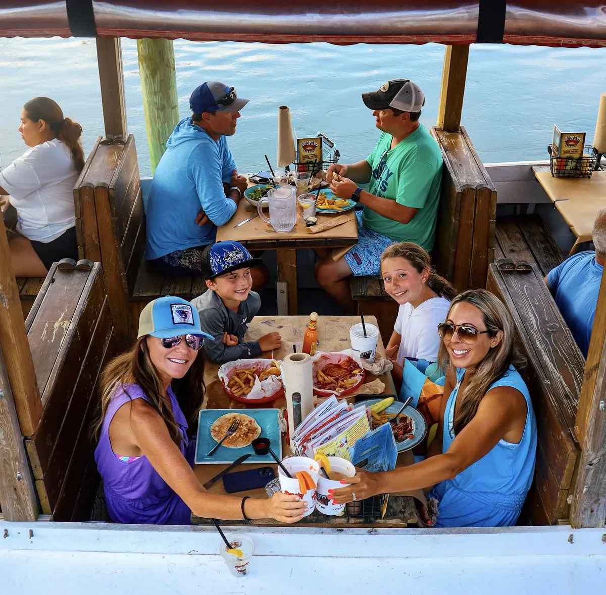 Hooper's Crab House deck set for a private event on Sinepuxent Bay