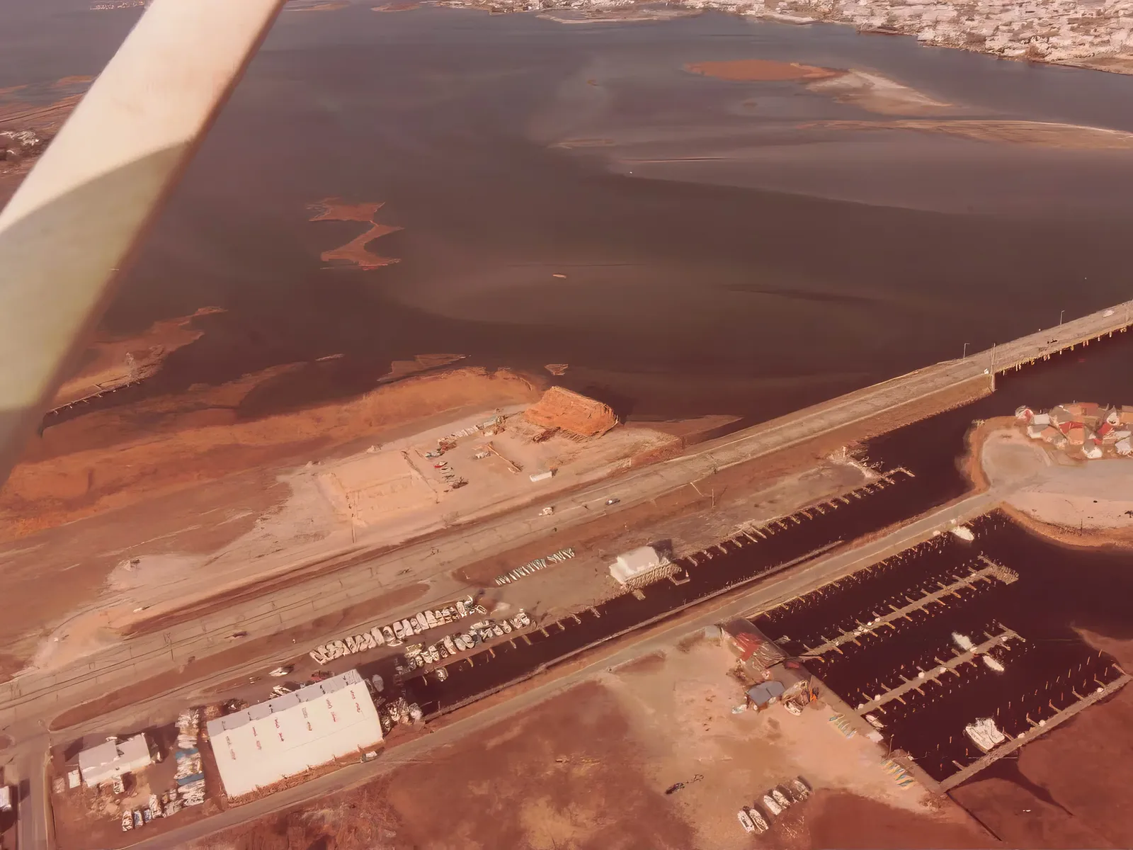 Vintage aerial photo of the original Hooper's Crab House and marina along the West Ocean City waterfront in the early 1980s