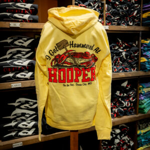 Back of hammered at Hoopers hoodie in yellow