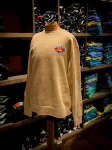 Front of Hooper's crewneck hoodie in taupe