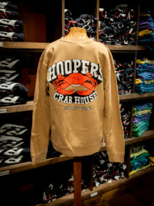 Back of Hooper's crewneck hoodie in taupe