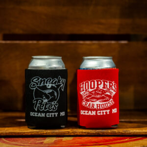 Black Sneaky Pete's and red Hooper's Crab House logo coozies