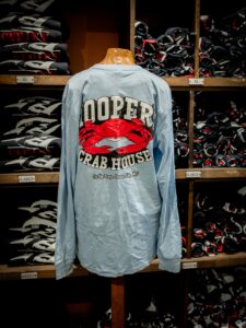 Back of Hooper's Crab House logo long sleeve t-shirt