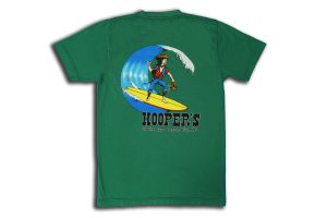 Green T-Shirt with a Cowboy on a Surfboard in a big wave