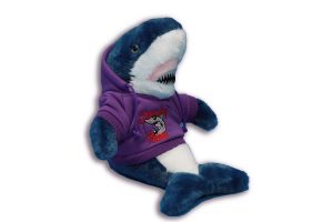 Sneaky Petes Blue Stuffed Shark in a purple sweatshirt