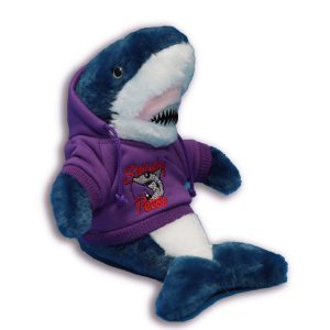 Sneaky Petes Blue Stuffed Shark in a purple sweatshirt